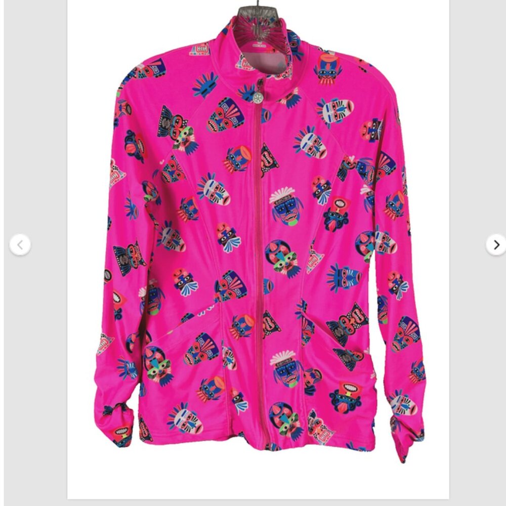 Tzu Tzu Sasha  Medium Jacket Top Pink Tribal Mask Long Sleeve Full Zip